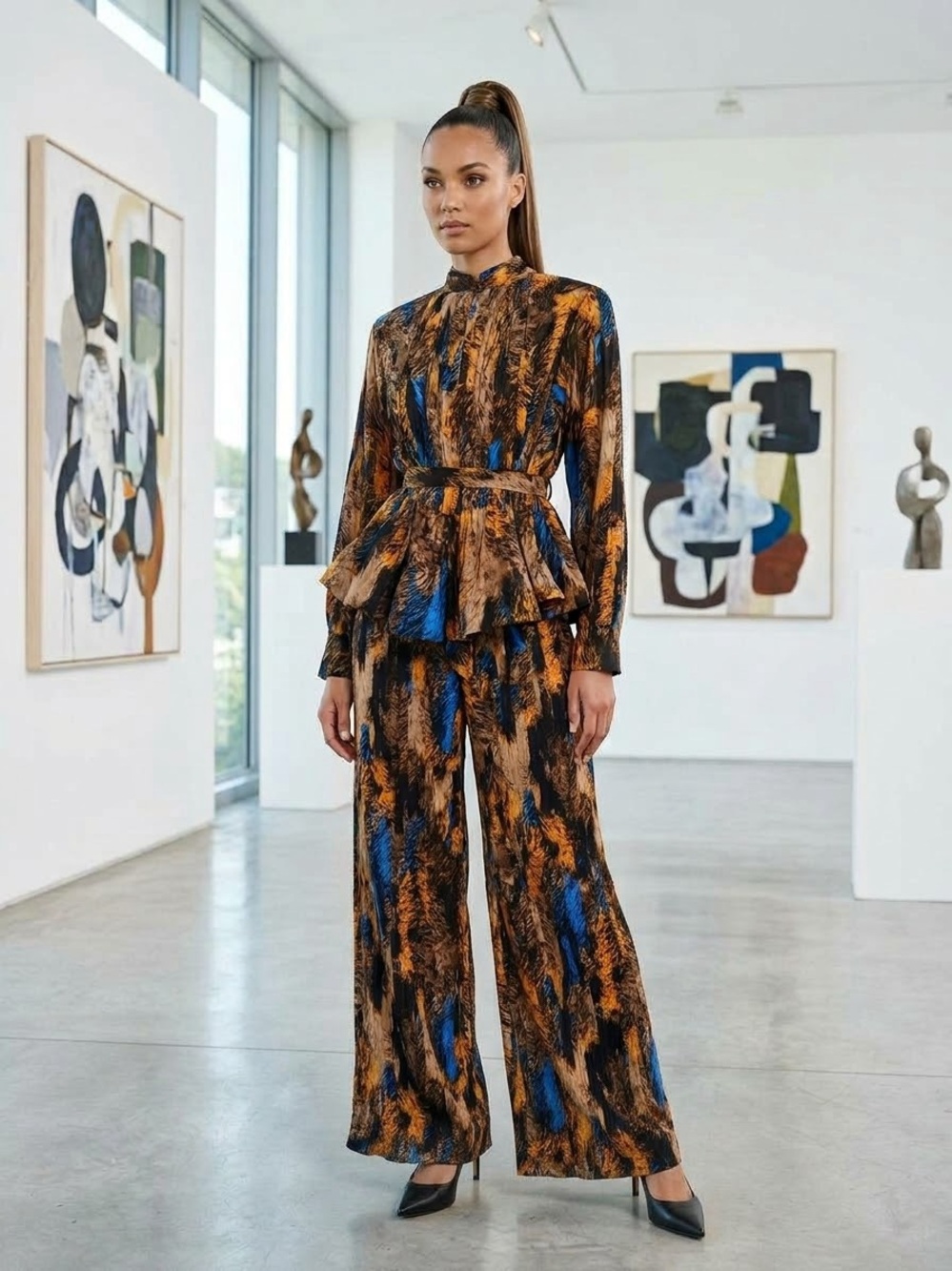 Beulah Style 2 Piece Plissé Pleated Set Abstract Peplum Top Wide Leg Pants.
